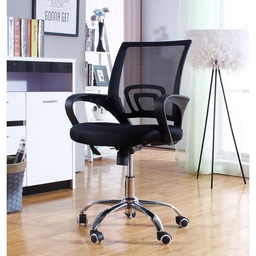 Silla de Escritorio con Ruedas Fiss de Tela y Metal Negra, 56x59x89/97 cm