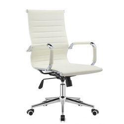 Warsaw Faux Leather and Cream Metal Desk Chair with Wheels, 54'5x65x95/105 cm