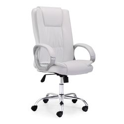 Witte en zilveren bureaustoel van imitatieleer, 68 x 64 x 114/122 cm | Atlas