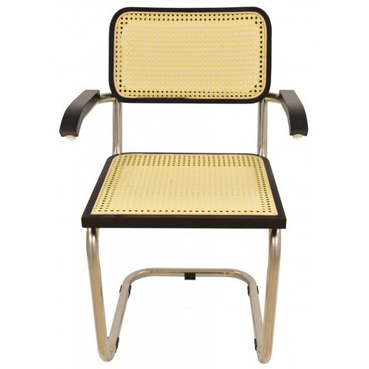 Skrivebordsstol uden hjul Ces i rustfrit stål og beige/sort teaktræ, 56x53x86 cm