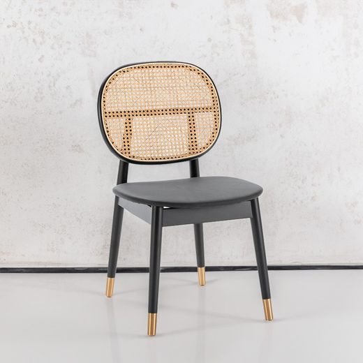 Chaise en hêtre et rotin noir/naturel, 47 x 54 x 86 cm