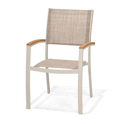 Garden set, 1 Table and 4 Gray Aluminum and Natural Wood Chairs