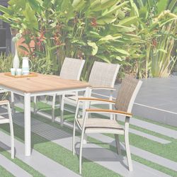 Garden set, 1 Table and 4 Gray Aluminum and Natural Wood Chairs