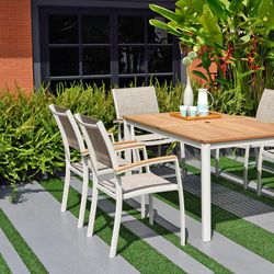 Garden set, 1 Table and 4 Gray Aluminum and Natural Wood Chairs