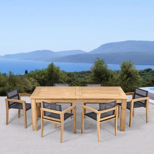 Garden dining set in honey teak and black Batyline | Danao + Candon