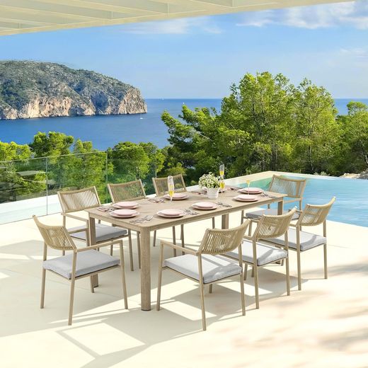 Garden dining set with round table in natural color aluminum | harmony