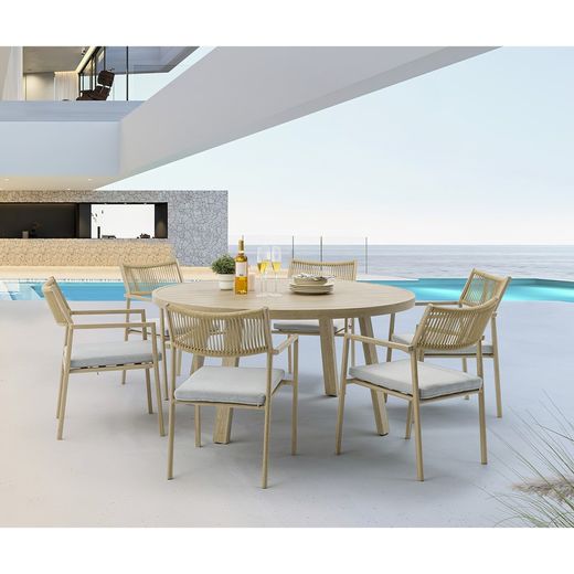 Garden dining set with round table in natural color aluminum | harmony