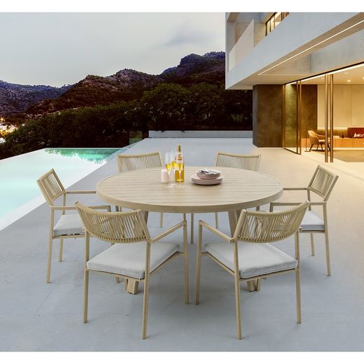 Garden dining set with round table in natural color aluminum | harmony