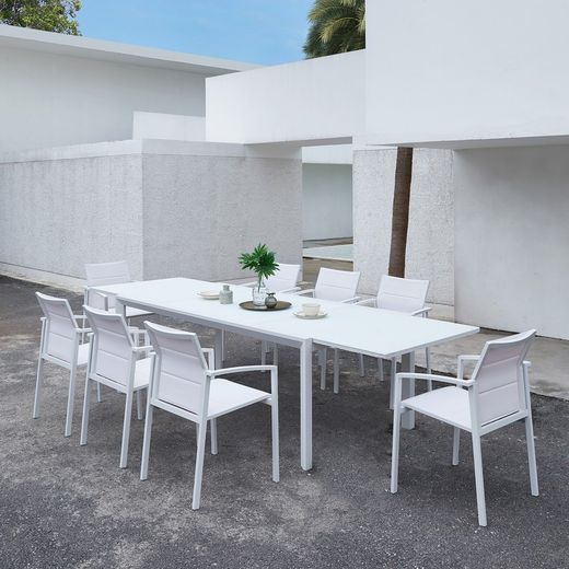 Dining set with extendable garden table in white aluminum | Orick