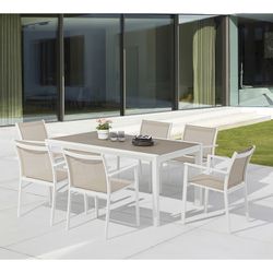 Garden dining set in white and taupe aluminum | Orick + Adin
