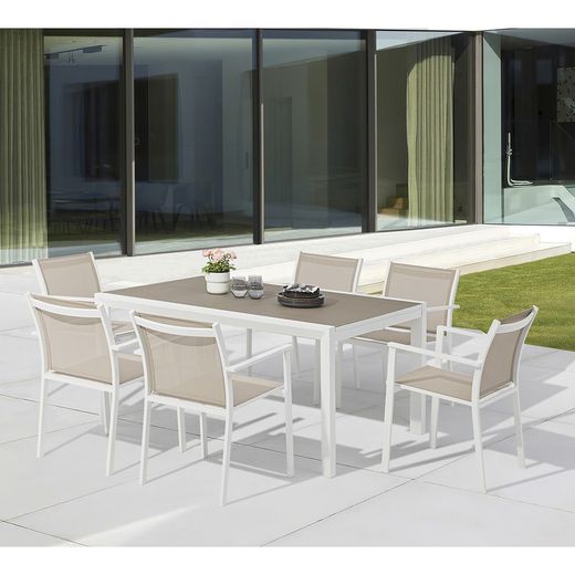 Garden dining set in white and taupe aluminum | Orick + Adin