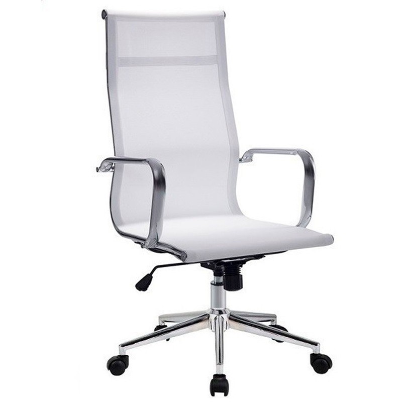 Sedia da ufficio bianca basculante con braccioli e struttura cromata, 56 x  64 x 112/122 cm