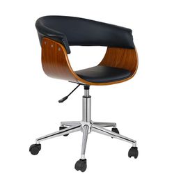 Silla de oficina de madera nogal y similpiel negra, 68 x 56 x 74 /86 cm