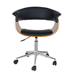 Silla de oficina de madera nogal y similpiel negra, 68 x 56 x 74 /86 cm