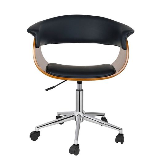 Silla de oficina de madera nogal y similpiel negra, 68 x 56 x 74 /86 cm