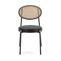 Rattan Chair, Black Leatherette and Metal, 43x53x83 cm