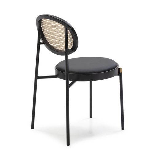 Rattan Chair, Black Leatherette and Metal, 43x53x83 cm