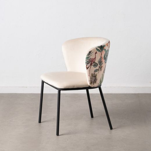 Velvet and steel chair in cream and multicolor, 58 x 52 x 77 cm