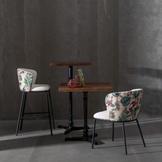 Velvet and steel chair in cream and multicolor, 58 x 52 x 77 cm