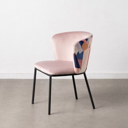 Velvet and steel chair in pink and multicolor, 58 x 52 x 77 cm
