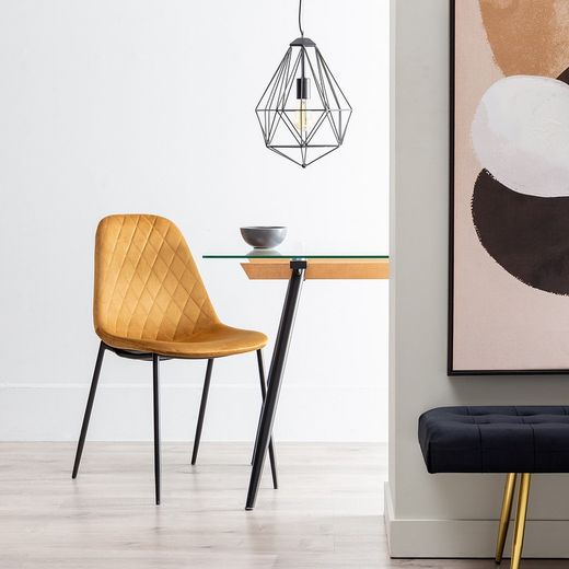 Velvet and metal chair in camel and black, 46 x 51 x 83.5 cm