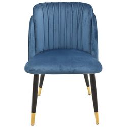 Chair in blue velvet upholstery and black metal frame and matte gold detail, 61 x 52 x 80 cm