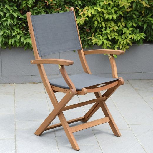 Cadeira Dobrável com Braços de Textilene e Madeira de Eucalipto 60.65 x 54.00 x 93.20 cm