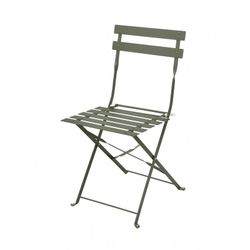 Terrasset 1 ronde tafel en 2 kakigroene stoelen