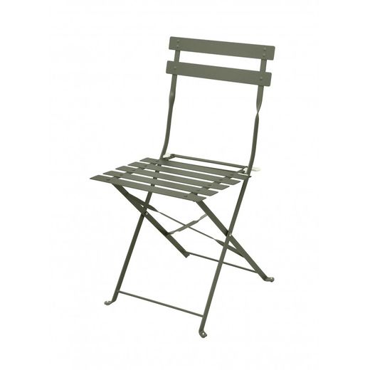 Terrasset 1 ronde tafel en 2 kakigroene stoelen