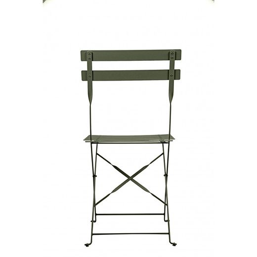 Terrasset 1 ronde tafel en 2 kakigroene stoelen