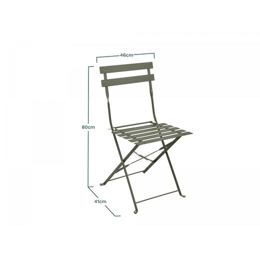 Terrasset 1 ronde tafel en 2 kakigroene stoelen