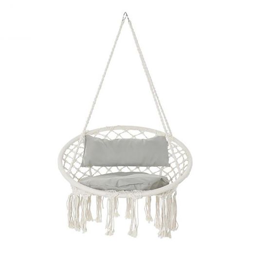 Fauteuil suspendu avec coussin en coton beige et bambou, 82x62x123cm
