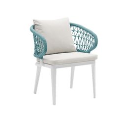 Dining set with a round garden table made of aluminum, ceramic, and nautical rope in white and aqua | Bais + Isabela