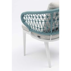 Dining set with a round garden table made of aluminum, ceramic, and nautical rope in white and aqua | Bais + Isabela