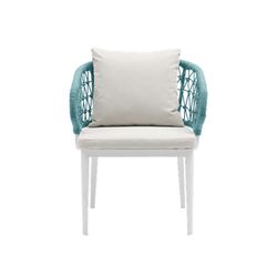 Dining set with a round garden table made of aluminum, ceramic, and nautical rope in white and aqua | Bais + Isabela