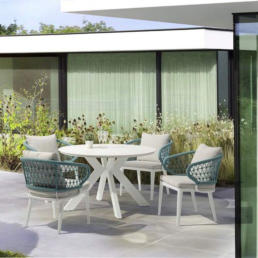 Conjunto de comedor para jardín de aluminio, cerámico y cuerda náutica en blanco y aqua | Bais + Isabela