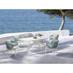 Dining set with a round garden table made of aluminum, ceramic, and nautical rope in white and aqua | Bais + Isabela