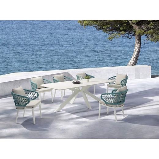 Conjunto de comedor para jardín de aluminio, cerámico y cuerda náutica en blanco y aqua | Bais + Isabela