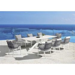 Aluminum, ceramic, and nautical rope garden dining set in white and gray | Bais + Isabela