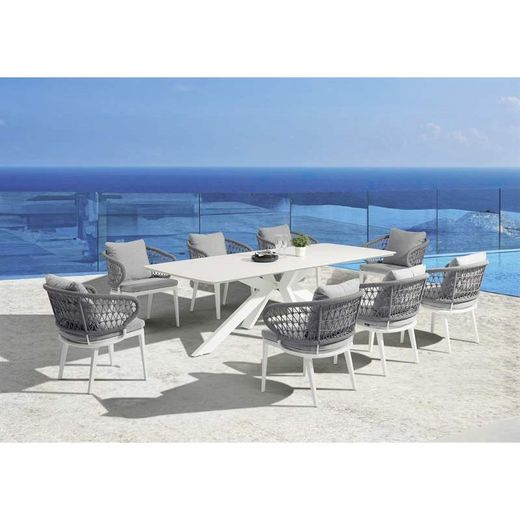 Aluminum, ceramic, and nautical rope garden dining set in white and gray | Bais + Isabela