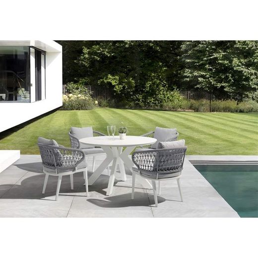 Aluminum, ceramic, and nautical rope garden dining set in white and gray | Bais + Isabela