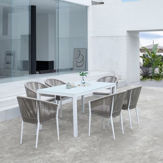 Aluminum and rope garden armchair in white and beige, 57 x 59 x 81 cm | Ukiak