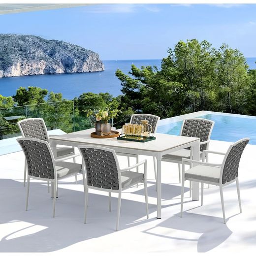 Aluminum and rope garden armchair in white and gray, 56 x 62.5 x 88 cm | Walga