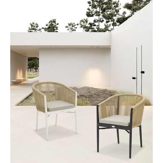 Aluminum and rope garden armchair in white and natural, 58.5 x 61 x 77.5 cm | Fairlee