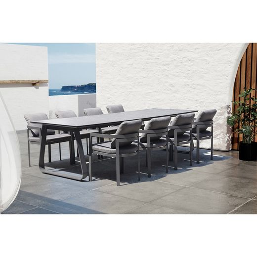 Garden dining set made of aluminum, glass, and anthracite-colored fabric | Babylon