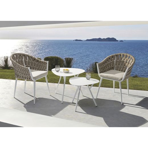 Aluminum and fabric garden armchair in white and beige, 61 x 59 x 81 cm | Meridian