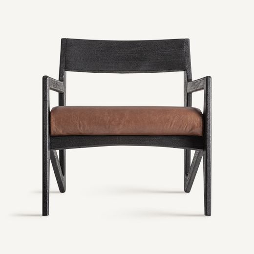 Sillón de madera de acacia y cuero en marrón, 70 x 77 x 72 cm | Beslon