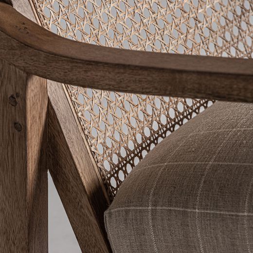 Sillón de madera de mango, ratán y tejido de poliéster en marrón, 65 x 72 x 75 cm | Valhey