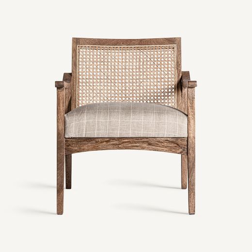 Sillón de madera de mango, ratán y tejido de poliéster en marrón, 65 x 72 x 75 cm | Valhey