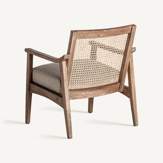 Sillón de madera de mango, ratán y tejido de poliéster en marrón, 65 x 72 x 75 cm | Valhey